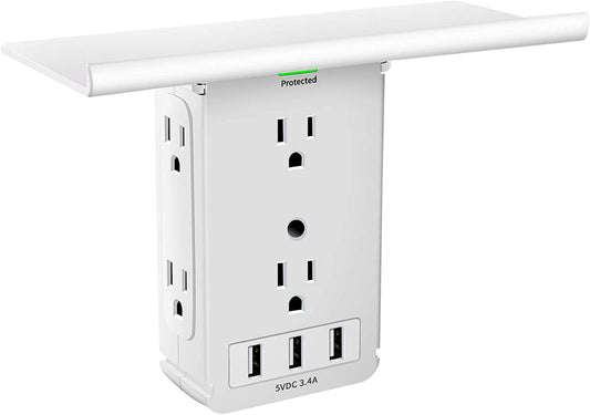Socket Outlet Shelf with USB Ports, 1020J Surge Protector Extender Removable Charging Shelf, Wall Bathroom Multi Adapter Plug, FCC Listed.