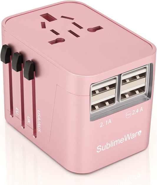 Universal Travel Adapter International All in One Plug (Rose Gold)- W/4 USB Ports Work - 150+ Countries - 220 Volt - Type C a G I for UK Japan Germany France EU European